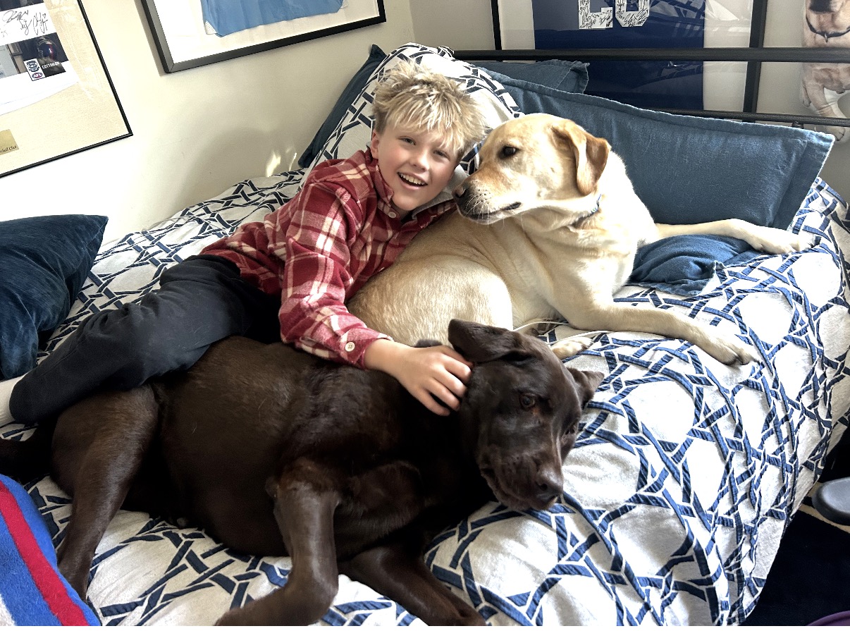 Hamish relaxing at home with two dogs